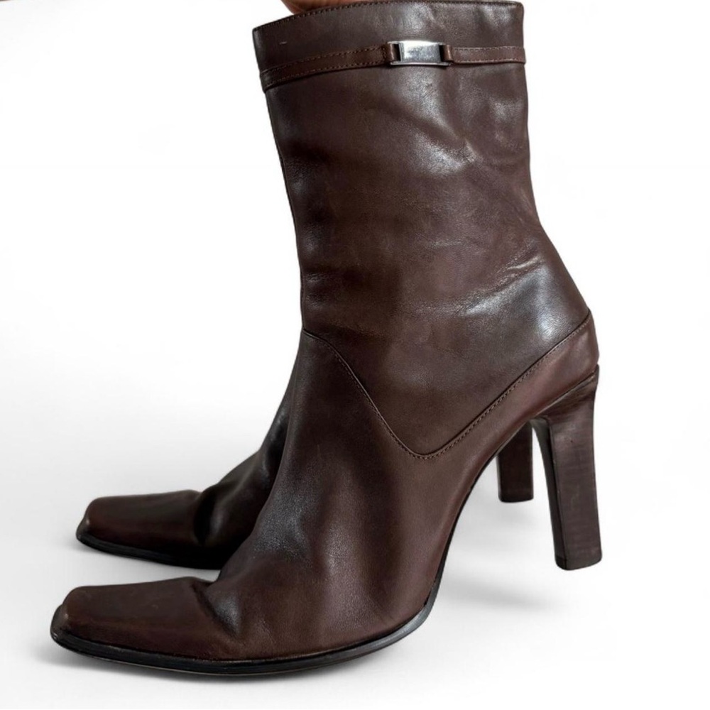 Brown Leather Square Toe Ankle Boots with Buckle Detail
